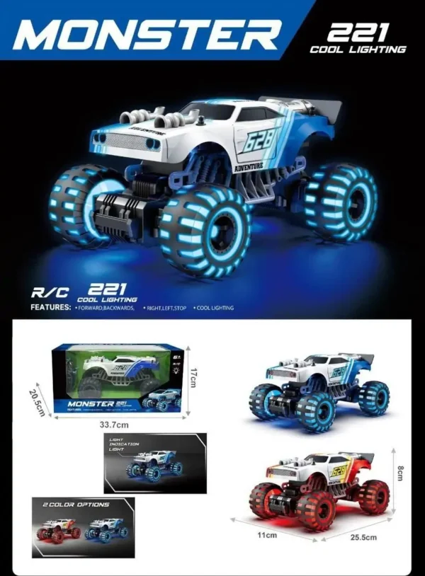 Monster 221 Remote Control Car with Forward, Backward, Left, Right, Stop & LED Lights - Ages 6+