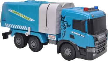 Scania Friction Powered Sanitation Truck Toy, Blue Push & Go Garbage Truck with Liftable Front End & Dumping Function, 19.7 Inch, Ages 3+